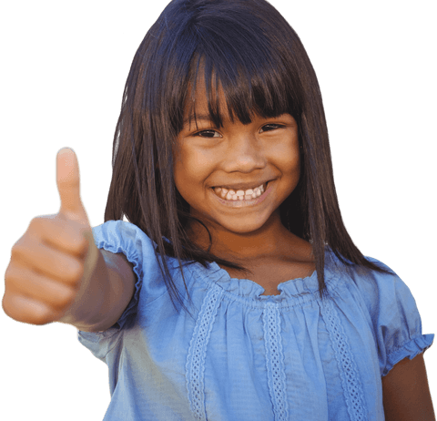 Image depicts a smiling African American girl with long hair, giving thumbs up against a transparent background. Ideal for use in promotional materials that emphasize positivity, youthfulness, and happiness. 