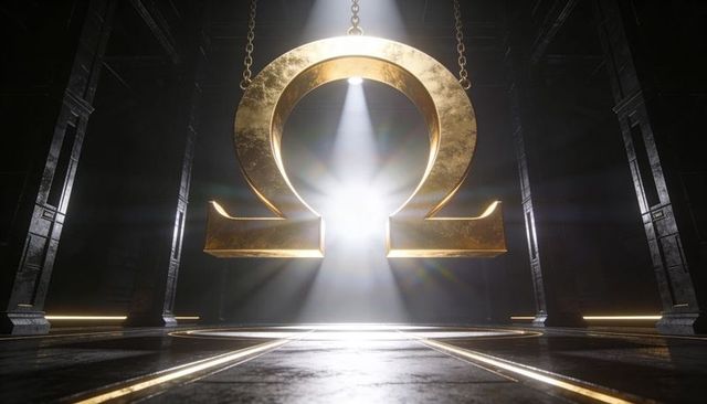 Gleaming gold omega emblem suspended in monumental ceremonial hall with dramatic spotlight