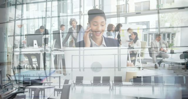 Double Exposure of Corporate Office and Business Woman on Phone - Download Free Stock Images Pikwizard.com