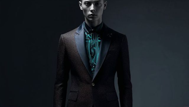 Posing Male Model Wearing Textured Single-Button Suit Jacket with Satin Lapel and Teal Shirt