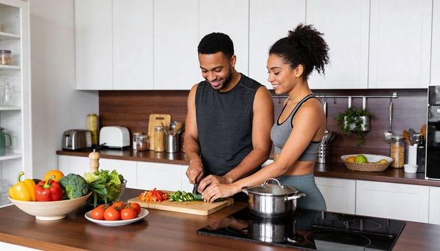 Fit couple chopping vegetables and cooking healthy meal in modern kitchen wearing workout gear