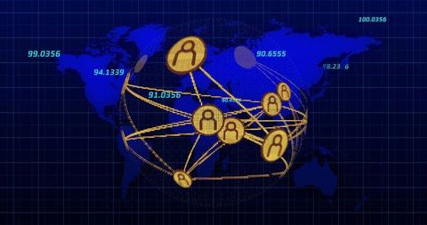 Global digital network with user icons and data labels on blue grid