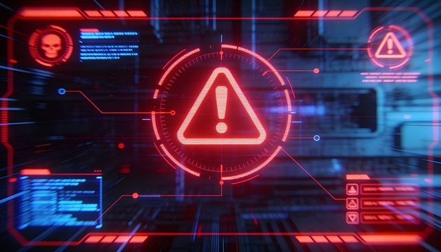 Flashing red holographic alert hud dominating server rack cybersecurity interface