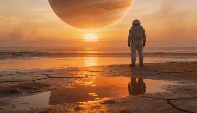 Astronaut standing on cracked salt flat facing enormous gas giant at golden sunset