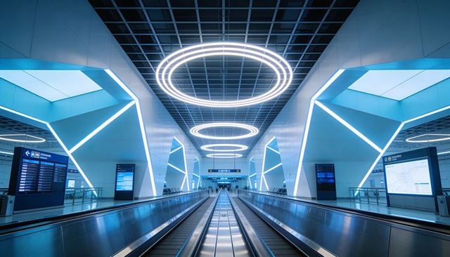 Guiding neon-lit moving walkways through futuristic airport concourse with led rings