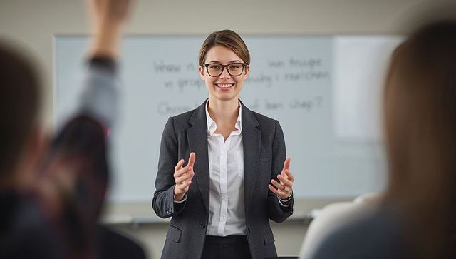 Smiling female instructor presenting classroom lesson
