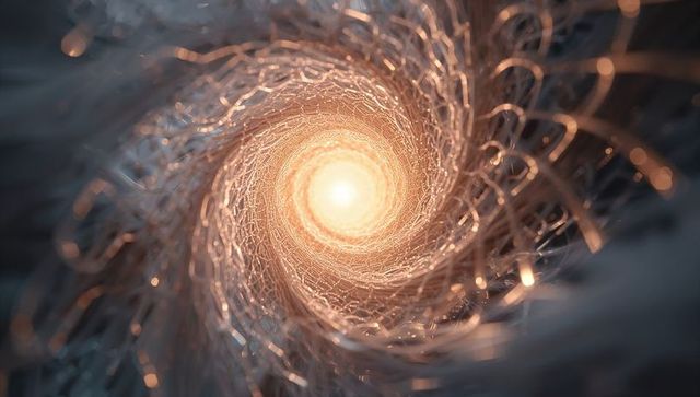 Glowing spiral fiber vortex with metallic mesh and bokeh lights for abstract tech concept