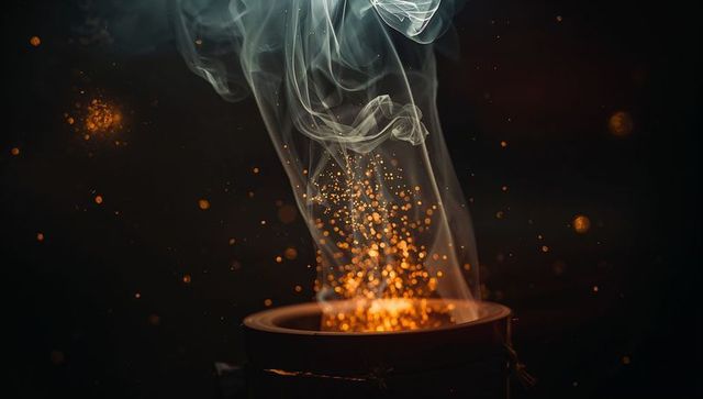 Glowing Embers and Smoke from Metal Brazier