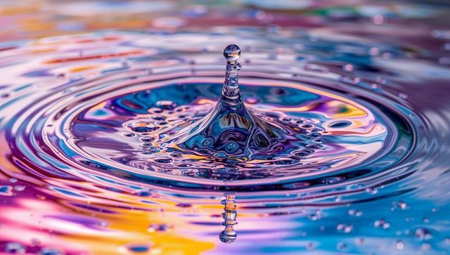 Vibrant water droplet creating colorful ripples