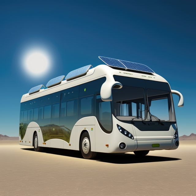 This image shows a solar-powered bus driving on a desert highway under bright sunshine, highlighting the use of renewable energy for transportation. The bus is equipped with solar panels on the roof, showcasing sustainable and eco-friendly solutions for modern travel. This can be used in advertisements, articles, and presentations dealing with green transportation, renewable energy innovations, and sustainable technology advancements.