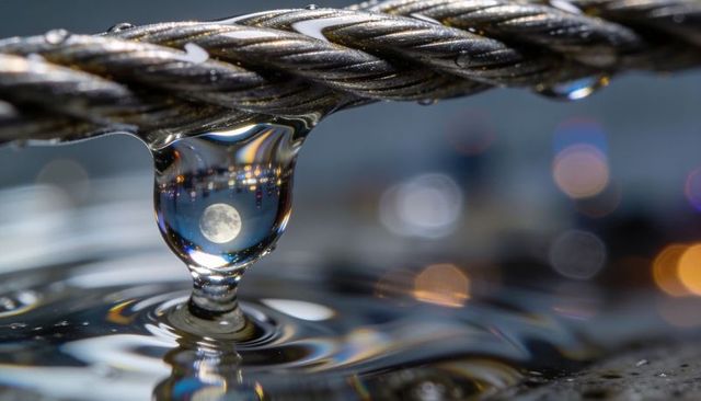 Hanging droplet refracting moon and city lights on braided wire over rippling water