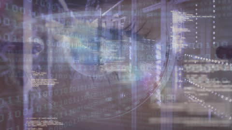 Digital Data Flow Overlaying Office Space with Mysterious Vibe