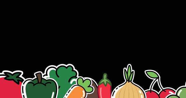 The colorful and playful cartoon illustration of vegetables and fruits in the bottom border against a black background is ideal for nutritional or educational content aimed at children. It can be used in children's cookbooks, school projects, posters promoting healthy food options, or as a fun, engaging design for websites or apps focused on healthy living.