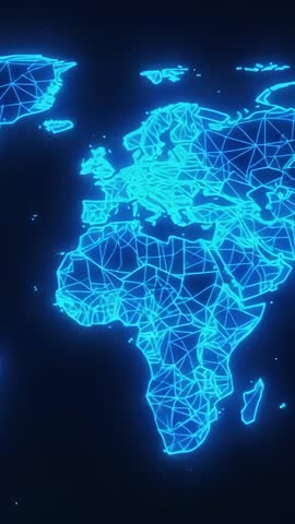 Vertical neon wireframe world map pulsing with network nodes and connecting lines