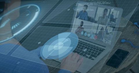 Remote Team Collaborating on Laptop with Futuristic Holographic UI and Dashboard