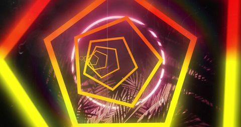 Neon shapes and tropical leaves on dark background