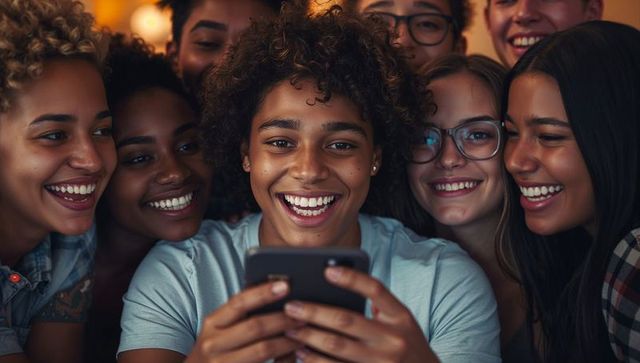 Diverse Teenage Friends Bonding Around Smartphone in Cozy Setting