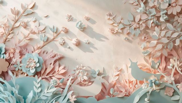 Pastel paper floral diorama with bird silhouettes, layered origami flowers and soft shadows