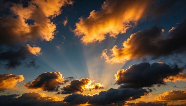 Panoramic sunset sky glowing with golden-edged cumulus clouds and dramatic crepuscular rays
