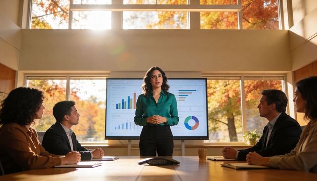 Executive woman leading strategic presentation with charts in sunlit modern boardroom