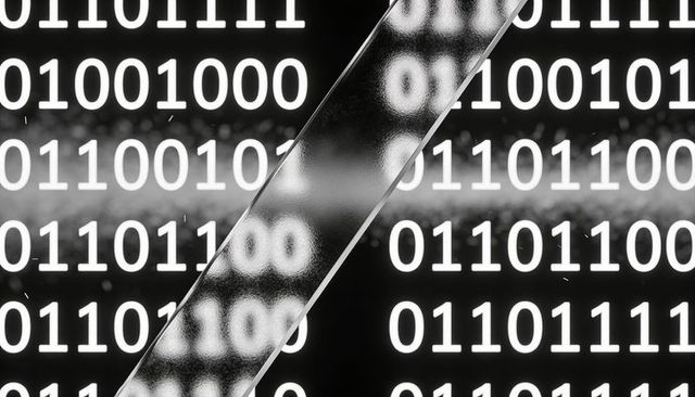 Reflective metallic ribbon distorting binary code, diagonal glitch and noise band