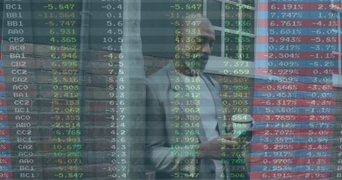 Standing executive holding smartphone displaying stock market data with ticker overlay
