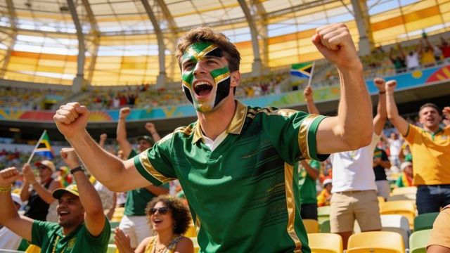 Brazilian football fan cheering with flag face paint and green jersey in stadium crowd