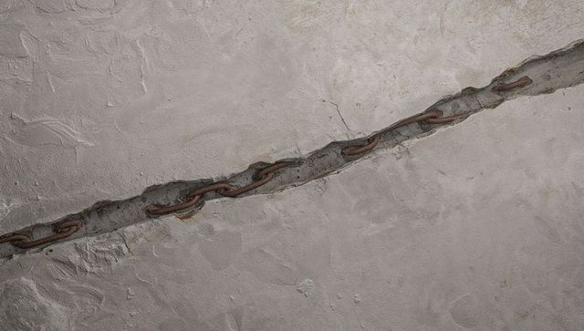 Diagonal rusted chain embedded in grout-filled plaster ceiling with corrosion stains