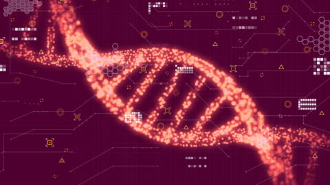 Abstract Glowing DNA Strand on Digital Interface Background
