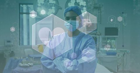 Surgeon standing in operating room wearing surgical mask and gown with healthtech icons
