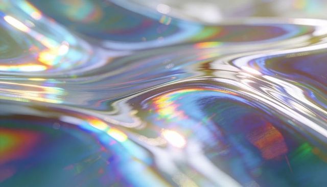 Shimmering iridescent rippled surface reflecting rainbow light and specular highlights