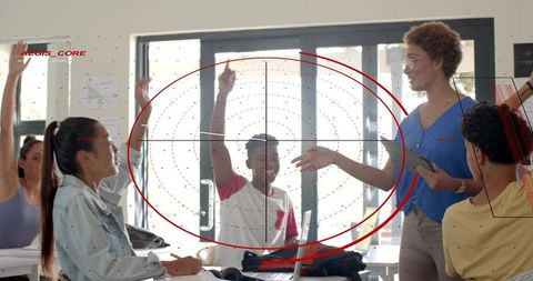 Teacher holding tablet asking question while students raising hands using laptops