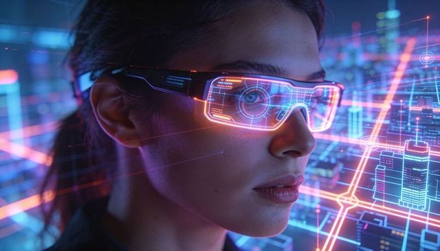 Ar smart glasses projecting holographic city hud on woman, neon cyber tech portrait