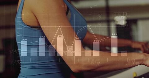 Fitness data visualization female on treadmill with overlaid health analytics and graphs
