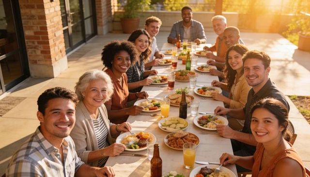 Sunlit outdoor dinner party with multigenerational group sharing food and laughter