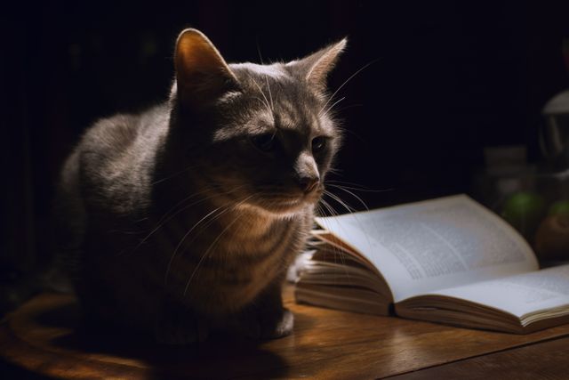 Cat Sitting Near Open Book on Wooden Table in Dim Light - Download Free Stock Photos Pikwizard.com