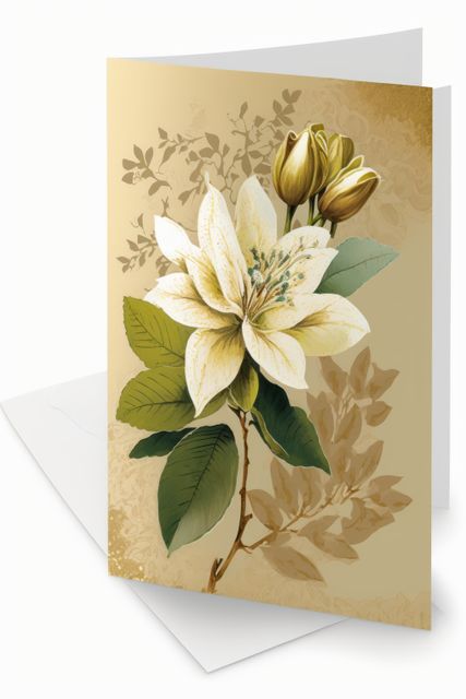 A beautifully designed floral greeting card featuring an elegant white blossom illustration over a beige background with intricate botanical art. This card is perfect for various occasions such as birthdays, anniversaries, or thank you notes. It can be used by those who appreciate nature-themed stationary or want to add a touch of sophistication to their greetings.