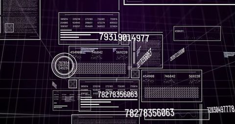 Displaying Futuristic Holographic Data Dashboard with Floating Numeric Panels and Circular Gauge