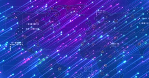 Abstract digital world map with streaming neon streaks