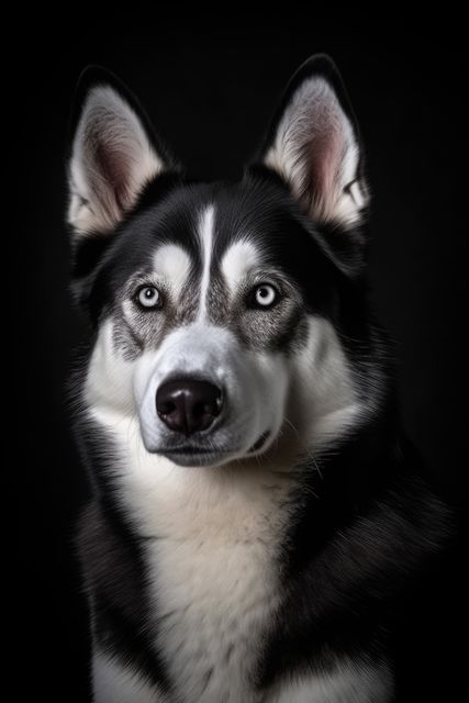 Close-up portrait of a Siberian Husky with striking blue eyes, looking directly at the camera in front of a black background. Perfect for use in pet care advertisements, veterinary websites, or animal-themed journals.