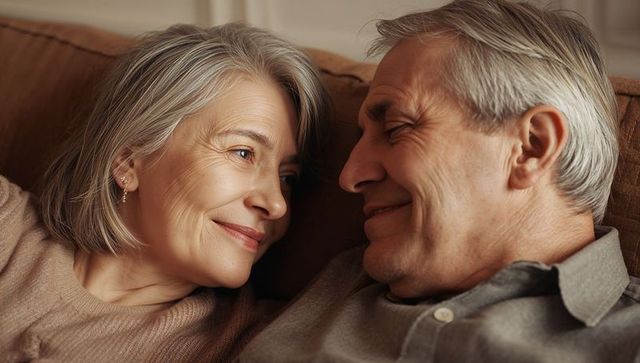 Senior couple sharing tender gaze while reclining on sofa, cozy intimate companionship