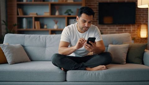 Man scrolling smartphone while sitting cross-legged on gray sofa in cozy living room