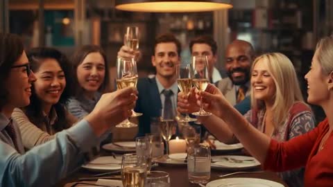 Diverse Professionals Toast at Elegant Dinner Networking Event