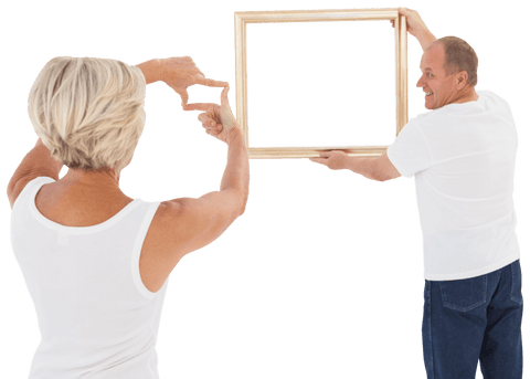 Transparent scene with mature couple displaying picture frame
