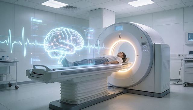 Female patient lying in mri scanner undergoing brain scan with holographic brain and ecg
