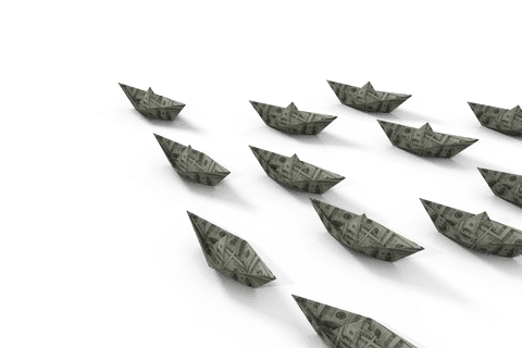 Floating paper boats with dollar print on transparent background