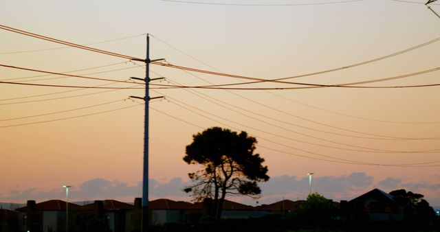Power lines stretch across a suburban area against a beautiful sunset sky. Silhouette of a tree and rooftops create a peaceful, quiet atmosphere, with a colorful sky illuminating the background. Perfect for use in themes like suburban life, electricity, serenity, and evening landscape scenes.