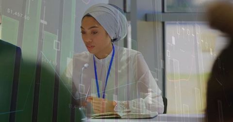 Business woman in headscarf analyzing financial data in conference room