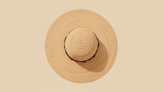 Stylish Circular Straw Sun Hat with Black Accent Band on Beige Surface