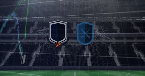 Futuristic Sports Stadium with Team Emblems and Data Graphics